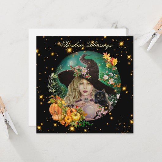 Halloween witch with black kitten greeting card  kaart (Voorkant / Achterkant in situ)