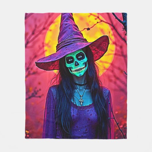 Halloween Witch with Skull Face Design Fleece Deken (Voorkant)