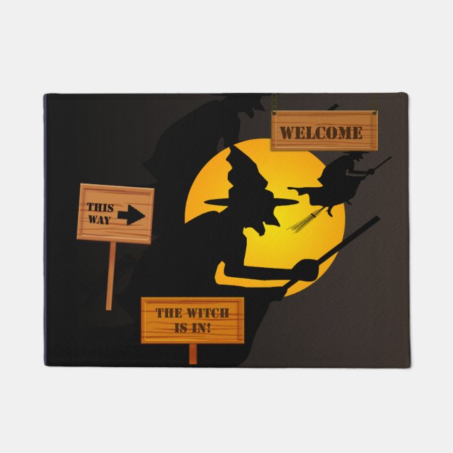 Halloween Witch zit in Dedoor Mat (Voorkant)