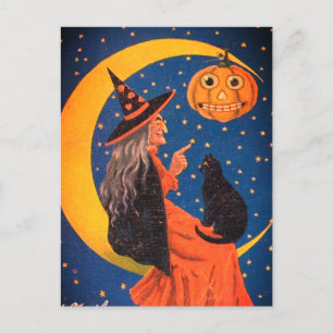 Halloween Witch zit op Moon Vintage Feestdagenkaart