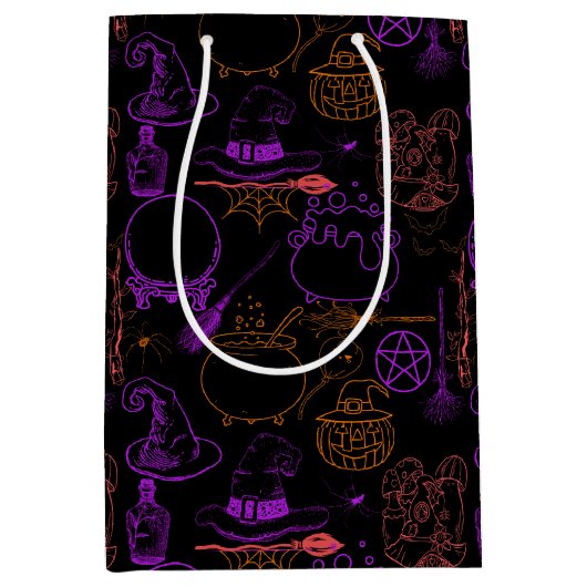 Halloween Witchcraft Patroon Neon 01 Zwart BG Medium Cadeauzakje (Voorkant)
