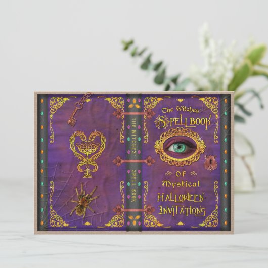 Halloween Witches Magic Spell Book Eyeball Spider Kaart (Staand voorkant)