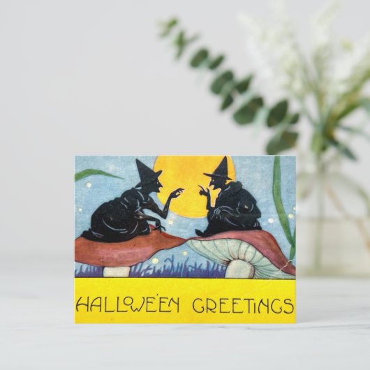 Halloween Witches on Toadstool with Full Moon Briefkaart (Staand voorkant)