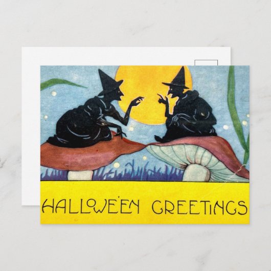 Halloween Witches on Toadstool with Full Moon Briefkaart (Voorkant / Achterkant)