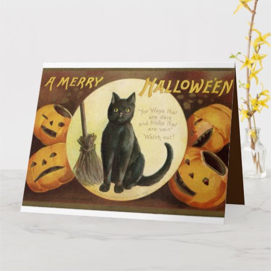  Halloween Witch's Black Cat & Pumpkins Kaart (Gele Bloem)