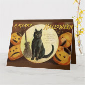 Halloween Witch's Black Cat & Pumpkins Kaart (Gele Bloem)