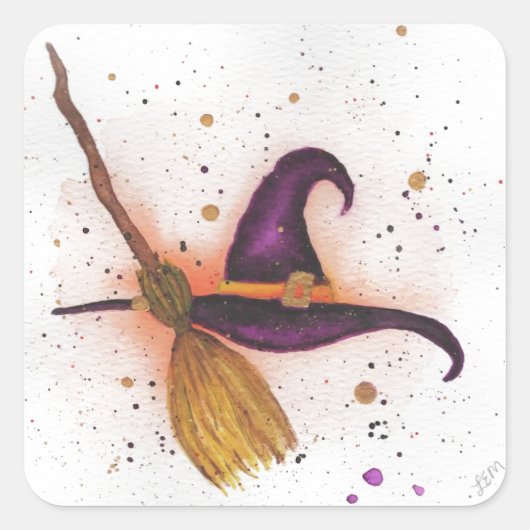 Halloween Witch's Pet en Bezem Vierkante Sticker (Voorkant)