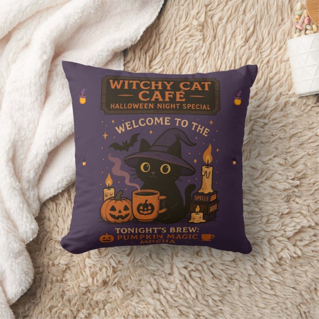 Halloween Witchy Cat Café Kussen – Spooky Schattig (Deken)