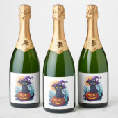 Halloween Witchy Cat op een pompoen Sparkling Wijnetiket (Flessen)