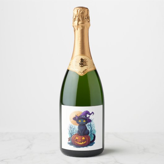 Halloween Witchy Cat op een pompoen Sparkling Wijnetiket (Voorkant)