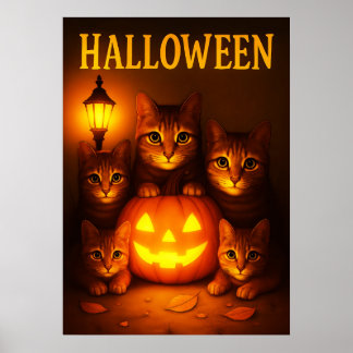 Halloween with Cat Orange Digital Art Poster