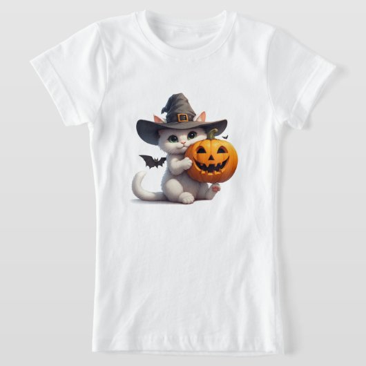 Halloween Witte Kitten Jack O Lantern Pompoen 🦇 T-shirt (Laagn)