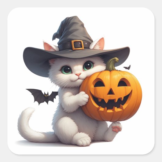 Halloween Witte Kittenspookspomp 🦇 Vierkante Sticker (Voorkant)