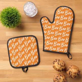 Halloween witte oranje boo tekstpatroon ovenwant & pannenlap set