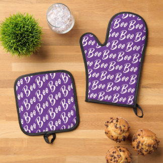 Halloween witte paarse boo tekstpatroon ovenwant & pannenlap set