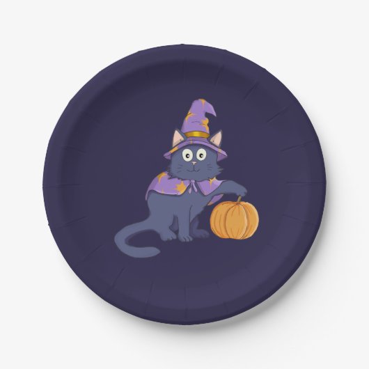 Halloween Wizard Cat met pompoen Papieren Bordje (Voorkant)