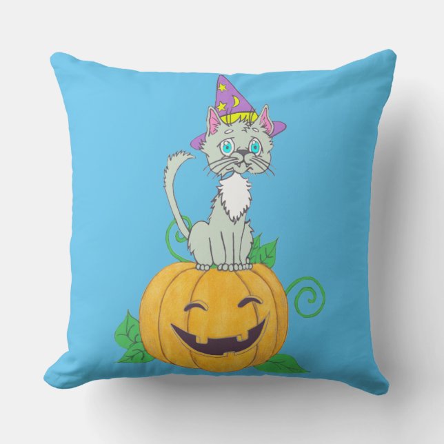 Halloween Wizard Cat op Pumpkin Kussen (Voorkant)