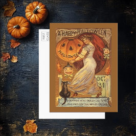  Halloween Woman Pumpkin Black Cat Briefkaart