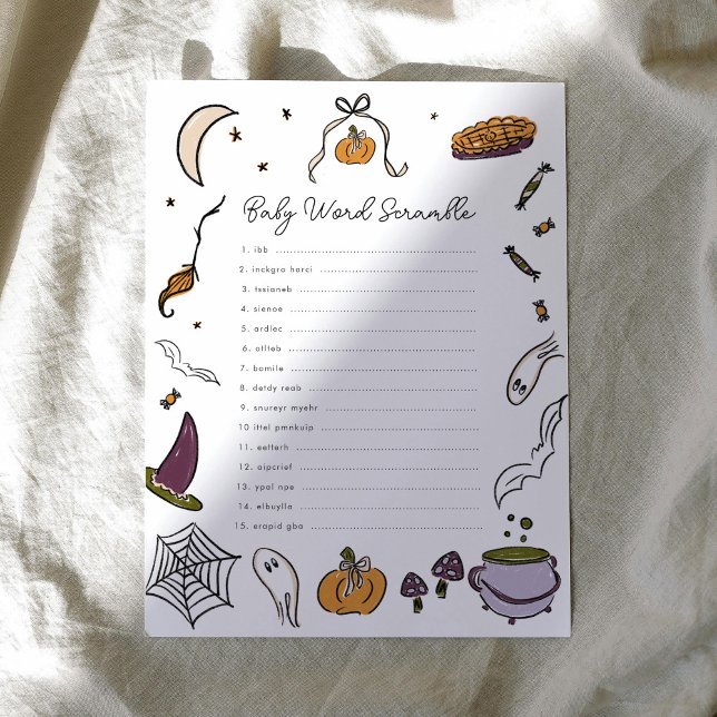 Halloween Word Scramble Baby shower spel (A Little Boo is Almost Due Halloween Word Scramble Baby Shower Game)
