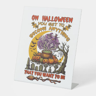 Halloween Wordt Iets Ketel Kat Geest Pompoen Reclamebord Met Voetstuk