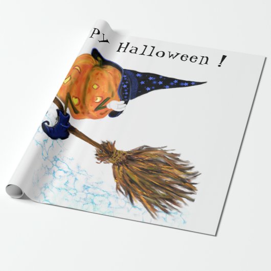 Halloween Wrapping Paper Witch Pumpkin Flying Cadeaupapier (Uitgerold)