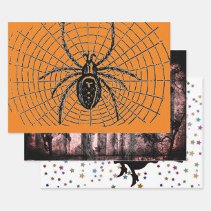 HALLOWEEN WRAPPINGPAPIER MET WITCH EN SPIDERS INPAKPAPIER VEL