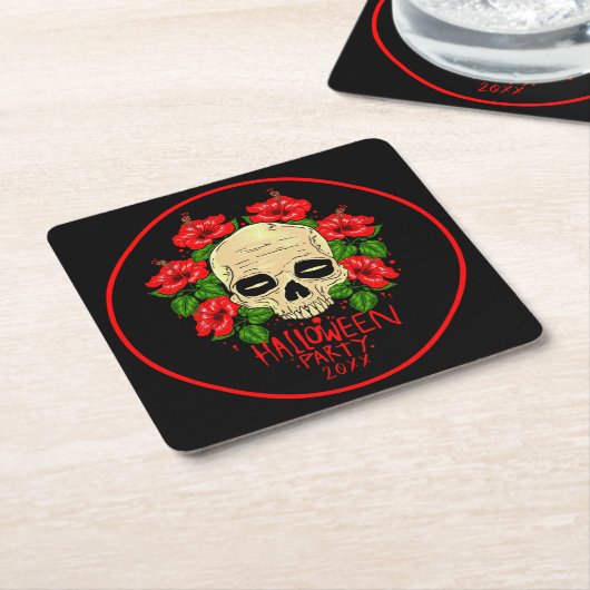 Halloween Year 20xx Skull Red Hibiscus Black Kartonnen Onderzetters (Schuin)