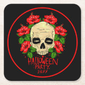 Halloween Year 20xx Skull Red Hibiscus Black Kartonnen Onderzetters (Voorkant)