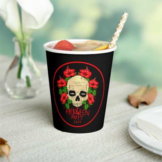 Halloween Year 20xx Skull Red Hibiscus Black Papieren Bekers (Insitu)