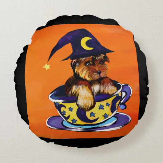 Halloween Yorkie Poo Rond Kussen (Voorkant)