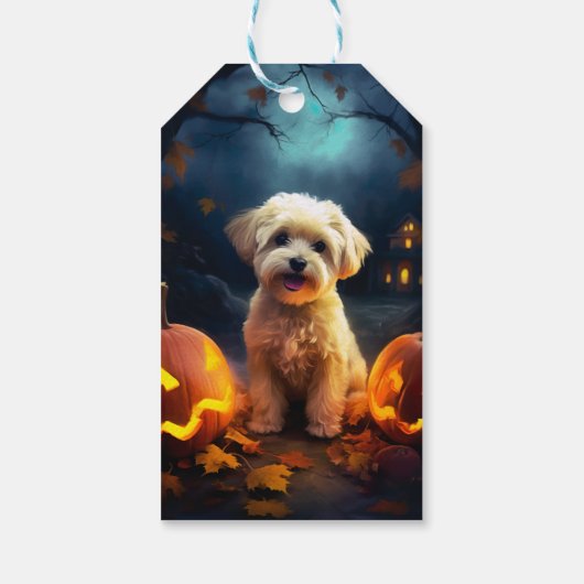 Halloween Yorkipoo met pompoenen eng Cadeaulabel (Achterkant)
