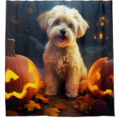 Halloween Yorkipoo met pompoenen eng Douchegordijn (Voorkant)