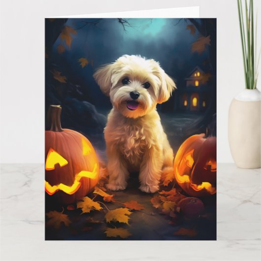 Halloween Yorkipoo met pompoenen eng Kaart (Voorkant)