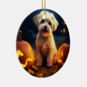 Halloween Yorkipoo met pompoenen eng Keramisch Ornament (Rechts)