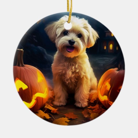 Halloween Yorkipoo met pompoenen eng Keramisch Ornament (Voorkant)