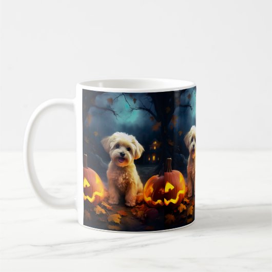 Halloween Yorkipoo met pompoenen eng Koffiemok (Links)