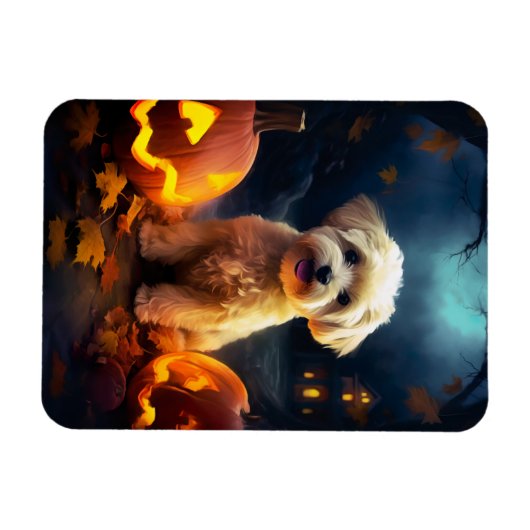 Halloween Yorkipoo met pompoenen eng Magneet (Horizontaal)