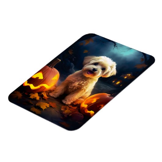 Halloween Yorkipoo met pompoenen eng Magneet (Linkerzijde)