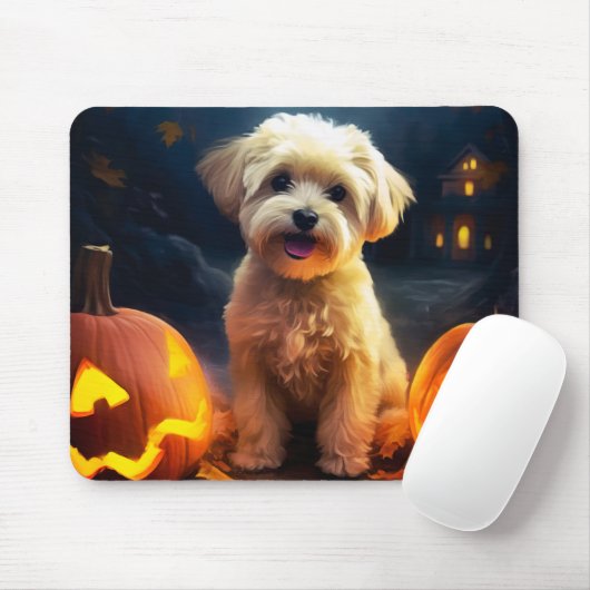 Halloween Yorkipoo met pompoenen eng Muismat (Met muis)