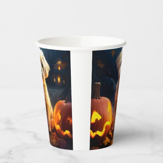 Halloween Yorkipoo met pompoenen eng Papieren Bekers (Links)