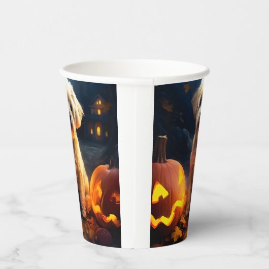 Halloween Yorkipoo met pompoenen eng Papieren Bekers (Rechts)