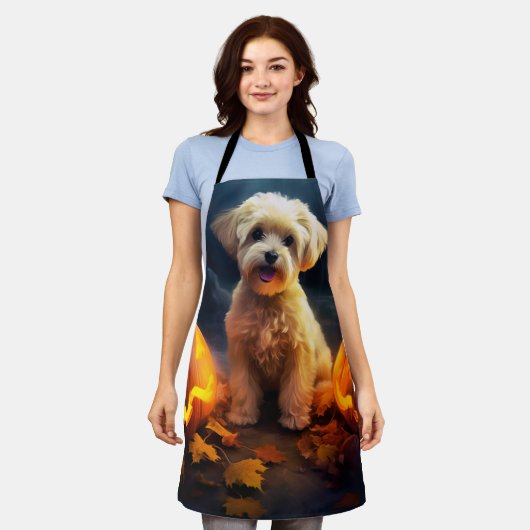 Halloween Yorkipoo met pompoenen eng Schort (Gedragen)