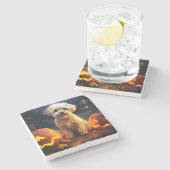 Halloween Yorkipoo met pompoenen eng Stenen Onderzetter (Zijkant)