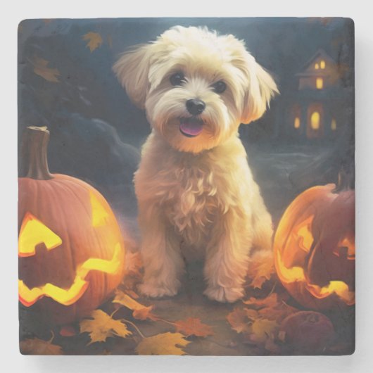 Halloween Yorkipoo met pompoenen eng Stenen Onderzetter (Voorkant)