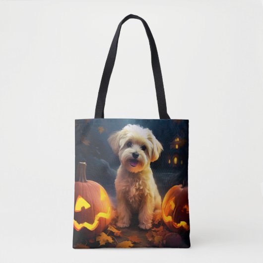 Halloween Yorkipoo met pompoenen eng Tote Bag (Voorkant)