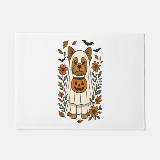 Halloween Yorkshire Terrier Bloemen Halloween Deurmat (Voorkant)