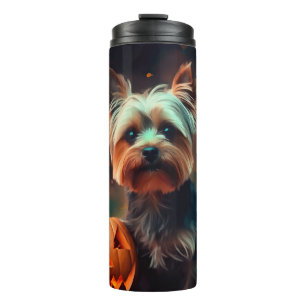 Halloween Yorkshire Terrier met pompoenen eng Thermosbeker