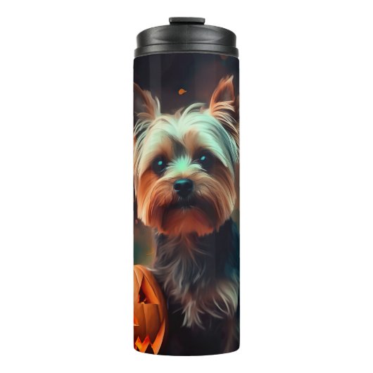 Halloween Yorkshire Terrier met pompoenen eng Thermosbeker (Voorkant)