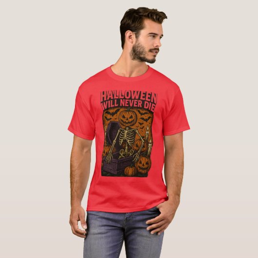 HALLOWEEN ZAL NOOIT STERVEN T-SHIRT (Voorkant volledig)