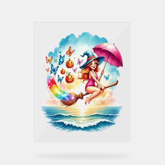 Halloween Zeemeermin Heks op Broom Acryl Bord (Voorkant)